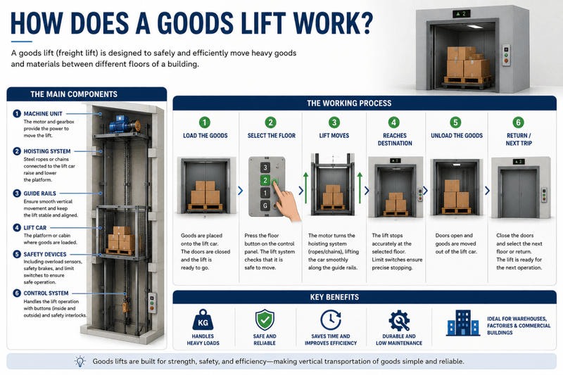 Industrial goods lift moving materials between floors